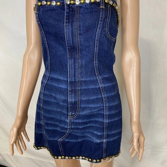 NEW AREA Women's Strapless Crystal Embellished Denim Mini Dress – Size 4 – Blue - Picture 11 of 13